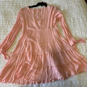 R. Vivimos Pink Tied Long Sleeve V Neck Dress